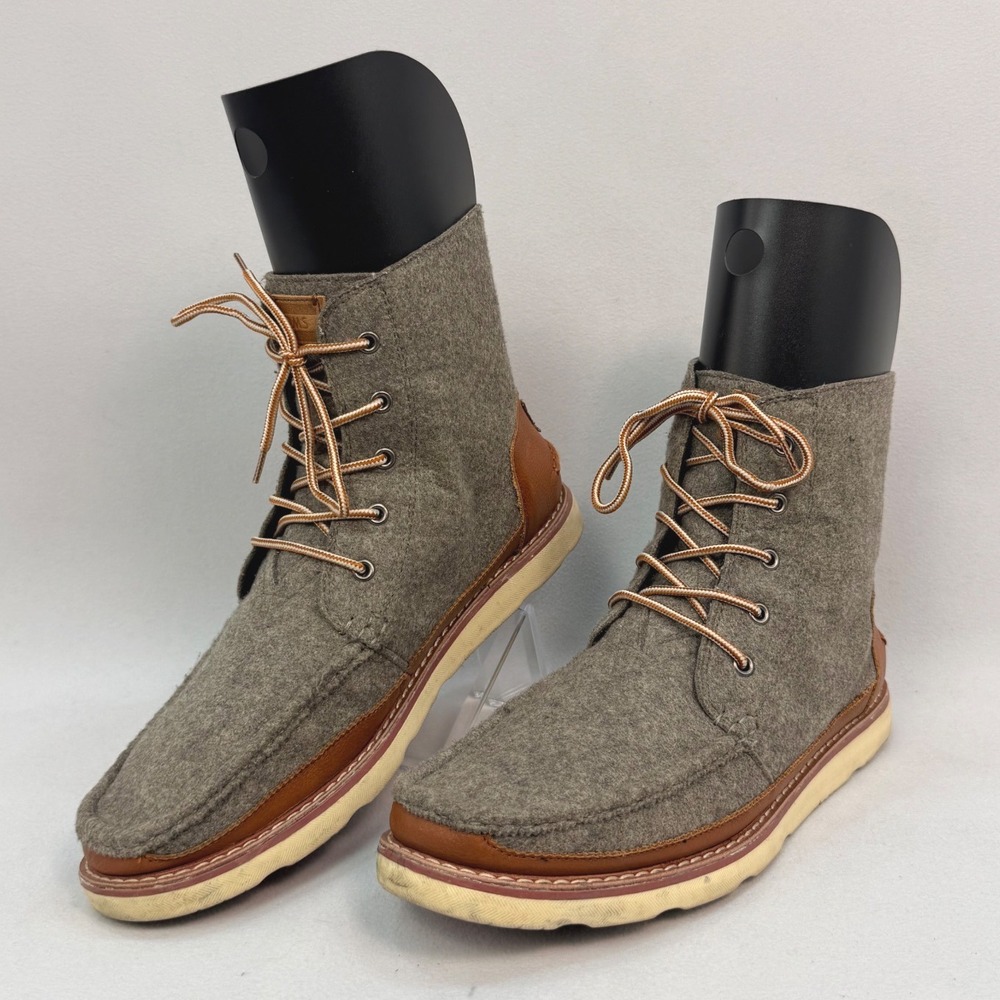 TOMS Ashland Mens Grey Wool Brown Leather Trim Moc Toe Lace Up Boots Size 12